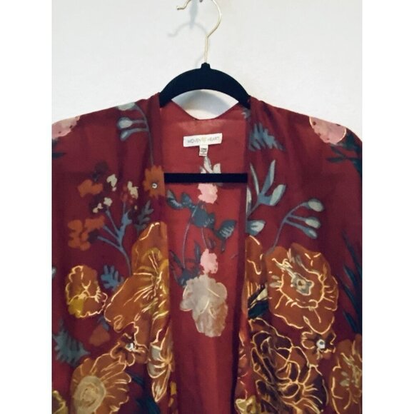 Woven Heart Kimono Top Womens One Size Red Floral Gold Metallic Fringe Boho - Picture 2 of 9
